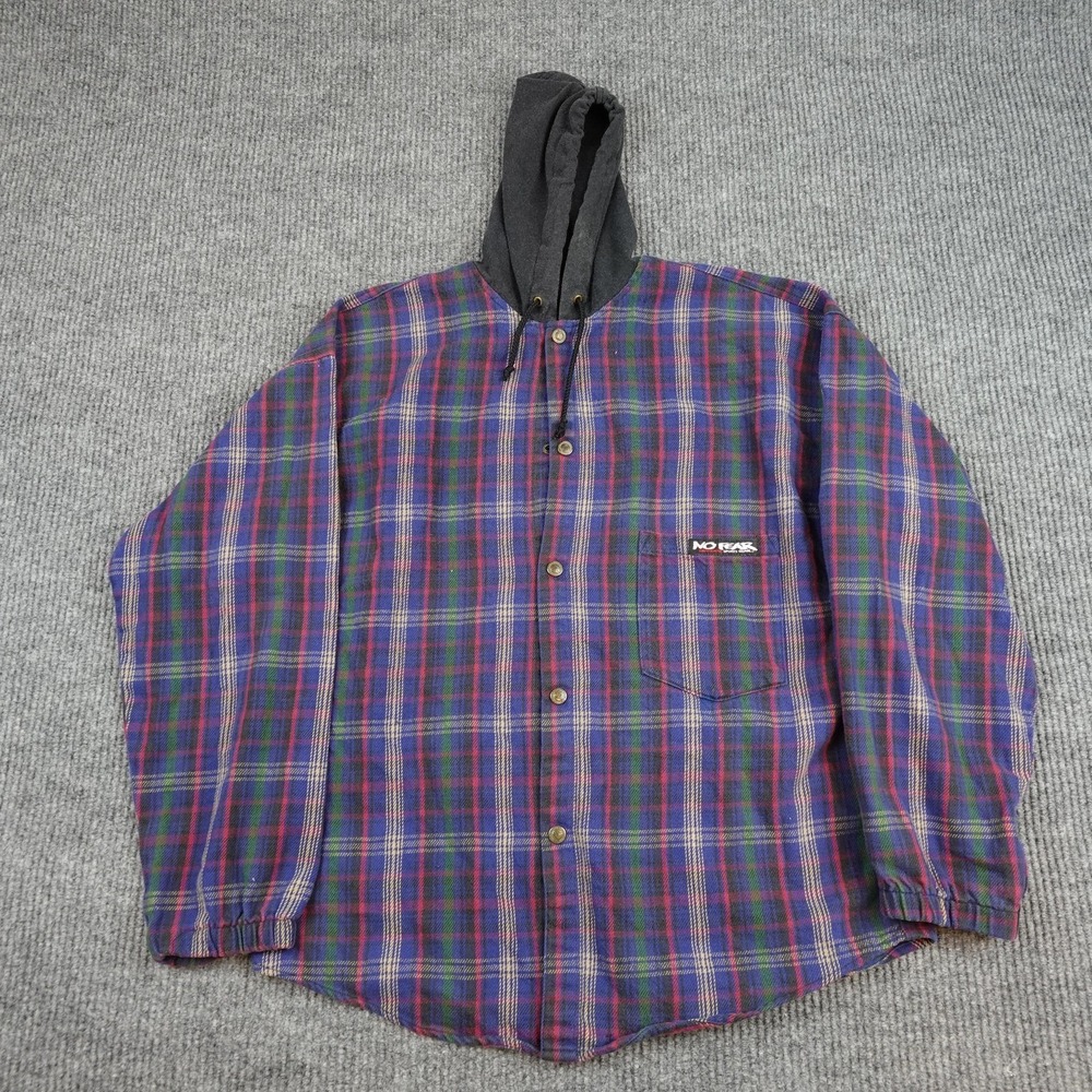 Vintage No Fear Shirt Mens Large Blue Plaid Flannel Hooded Button Up USA Skate